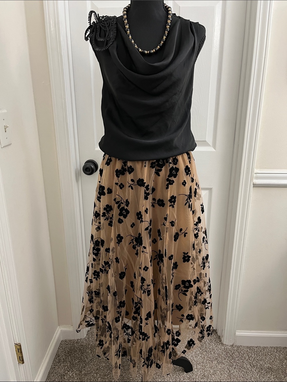 Chicwish Black Floral Appliqué Beige Tulle Midi Skirt